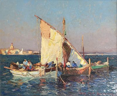 a painting of a boat with people on it in the water