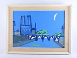 une photo d'un tableau représentant un pont avec la lune dans le ciel
