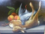 a painting of a bird and a rabbit laying on a ledge
