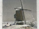 painting of a windmill in a snowy landscape with people walking on the road