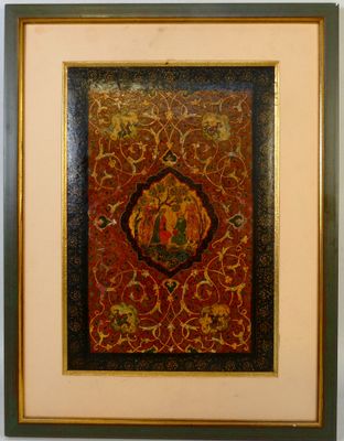 tableau encadré représentant un homme et une femme sur un fond rouge et or