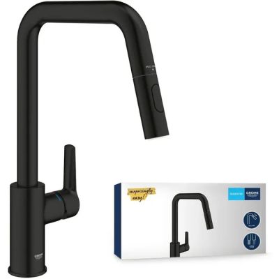 a black kitchen faucet with a box and instructions