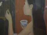 a painting of a woman holding a cup and a bird in a cage