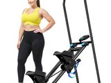 the woman is standing next to a folding exercise machine