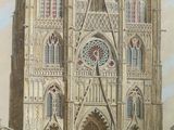 a painting of a large cathedral with a clock on the front of it