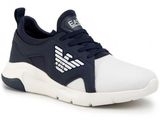 a close up of a white and blue sneaker on a white background
