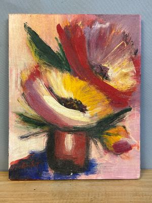 une peinture à l'huile représentant un vase avec des fleurs sur une table