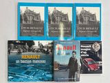 quatre livres posés sur une table blanche, avec une voiture rouge devant