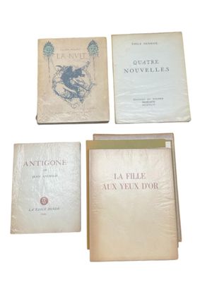 four books are lined up on a white surface, one has a horse and the other has a dog