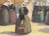 a painting of a woman carrying a bag in a market
