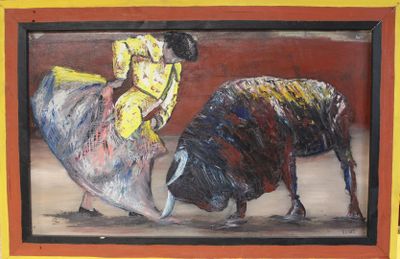 un tableau représentant un taureau et une femme en robe jaune