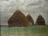 un tableau représentant des meules de foin dans un champ, avec le ciel en arrière-plan