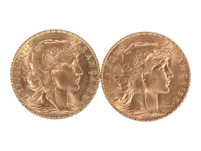 Deux pièces de vingt francs or au coq, 1911 et 1913. Usures. - Photo 1
