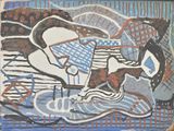 a painting on the wall of a building that has a horse and a dog on it