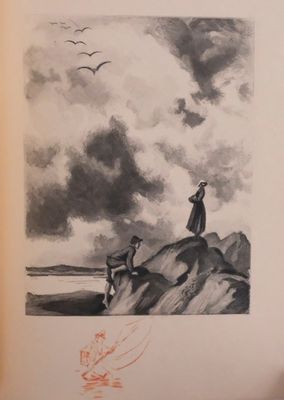 a drawing of a person standing on a rock