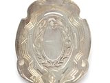 a silver spoon with a design on it on a white surface