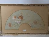 an old picture of a painting with a fan and flowers
