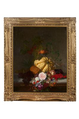 École anglaise, 1860 Nature morte aux fleurs, coloquinte et …