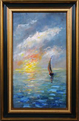 an oil painting of a sailboat in the ocean at sunset