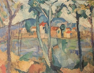 une peinture représentant une peinture d'une rivière et d'arbres