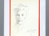 drawing of a woman ' s face in a picture frame with a red border