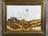 a painting of a farm scene with a house in the distance