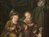 a painting of two children and a dog in a wooded setting