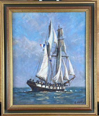 une peinture à l'huile représentant un voilier en mer par une journée ensoleillée