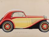 dessin représentant une voiture rouge et jaune sur fond beige