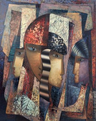 peinture abstraite représentant le visage d'une femme aux multiples visages