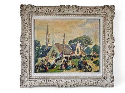 an image of a painting of a village scene with a church in the background