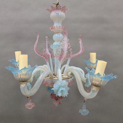 chandelier made of muranoni glass with pink, blue and white flowers