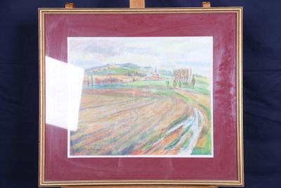 peinture sur chevalet représentant un paysage avec des arbres et des champs