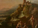 painting of a group of people sitting on a rocky shore next to a castle