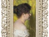 a painting of a woman in a white dress in a white frame