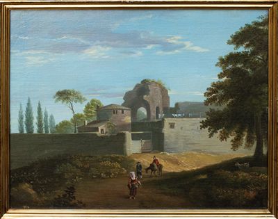 peinture représentant un paysage avec un château au loin et deux hommes à cheval