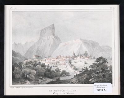 an old picture of a mountain village with a castle in the background
