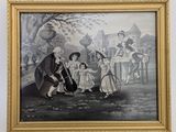 an old picture of a family in a garden with a dog and a cat