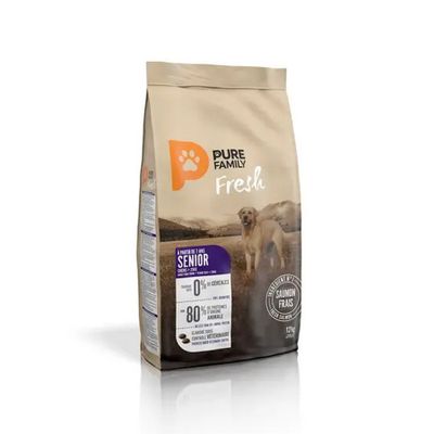 a close up of a bag of dog food on a white surface