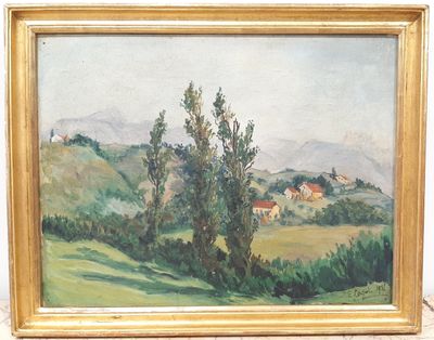 une peinture à l'huile représentant un paysage avec des arbres et des collines en arrière-plan