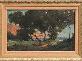 an oil painting of a couple in a landscape with trees and water