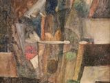 une peinture à l'huile représentant un vase rempli d'objets divers posé sur une table