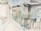 une aquarelle représentant une scène de rue avec des bâtiments et une tour horloge