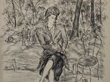 drawing of a woman sitting on a bench next to a dog