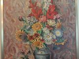 a painting of flowers in a vase on a table
