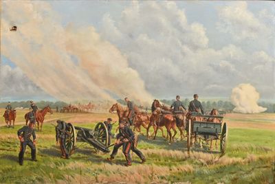 painting of a group of men on horses pulling a cannon