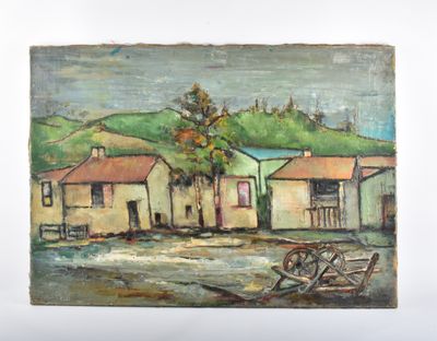 une peinture représentant une peinture d'un village sur l'eau