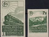 two stamps with a train on them on a black surface