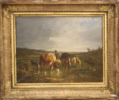 tableau représentant un groupe de vaches paissant dans un champ au bord d'un ruisseau