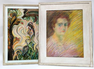 two paintings of a woman and a tree in a white frame